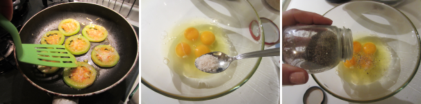 Girate le fette dopo due minuti. In una ciotola unite le uova e il sale. Aggiungete l’origano.