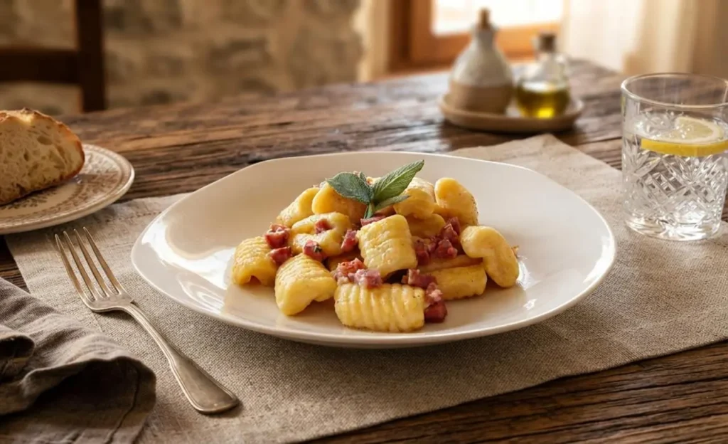 Gnocchi di ricotta con cacciatorino Piatto di gnocchi di ricotta fatti in casa conditi con salame cacciatorino rosolato