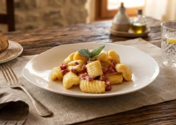 Piatto di gnocchi di ricotta fatti in casa conditi con salame cacciatorino rosolato