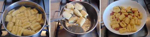 Portate a bollore abbondante acqua con aggiunta di sale, cuocetevi gli gnocchi e scolateli quando verranno a galla, ripassateli in padella con qualche cucchiaio della loro acqua di cottura, quindi serviteli ben caldi con una macinata di pepe nero.