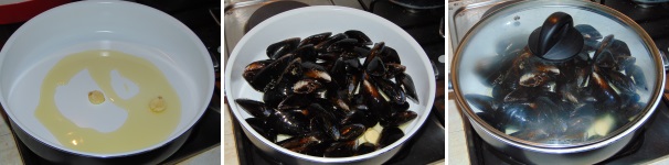 In un tegame capiente fate scaldare l’olio extravergine di oliva con gli spicchi d’aglio schiacciati e pelati ed una volta che si saranno dorati versatevi le cozze. Chiudete con il coperchio e lasciate che le cozze si schiudano completamente.