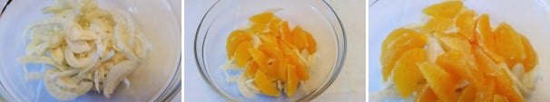 In una terrina mettete le fettine sottili di finocchio, gli spicchi di arancia tagliati a vivo e un pizzico di sale.