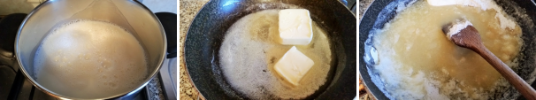 In una pentola scaldate il latte, aggiungete il sale e la noce moscata. In un’altra padellina fate sciogliere il burro rimasto (100 gr), una volta sciolto unite la farina in modo da farla addensare.