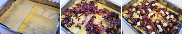 Mettete sul fondo di radicchio e besciamella i 3 fogli di pasta fresca per lasagne in modo da ricoprire tutta la teglia, nel caso fossero troppo grandi potete regolarli di misura. A questo punto spargete il radicchio e un po’ di dadini di taleggio.