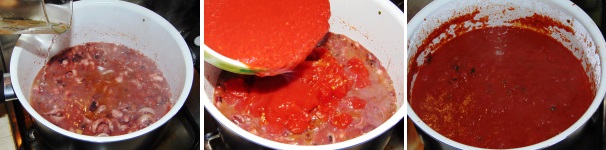 Appena i polipetti cambieranno colore salate leggermente, spolverizzate con poca noce moscata e sfumate con il vino lasciando evaporare l’alcol di quest’ultimo. Versate in pentola anche la passata di pomodoro ed i pelati a pezzi e lasciate cuocere a fuoco basso per almeno 90 minuti, facendo molta attenzione a non far asciugare il vostro sugo. A fine cottura aggiustate di sale.