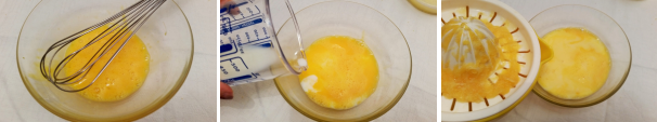 Sbattete l’uovo leggermente con l’aiuto di una frusta e unite il latte e il succo dell’arancia che abbiamo utilizzato per grattugiare la scorza.