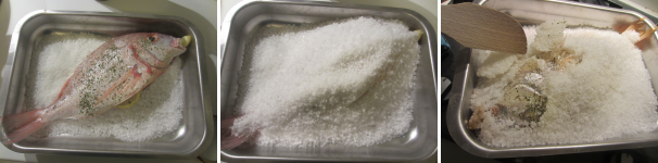 Disponete il pesce sopra il sale e coprite bene con il resto del sale. Infornate a 200 °C per 30 minuti. Sfornate, staccate la crosta di sale e trasferite il pesce nel piatto da portata. Servite in tavola.