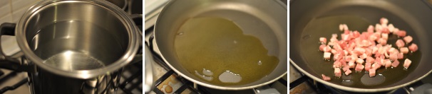 Portate a bollore l’acqua per la pasta. Nel frattempo scaldate l’olio e fate soffriggere la pancetta in modo che il grasso insaporisca l’olio. Non salate. Portate a bollore l’acqua per la pasta. Nel frattempo scaldate l’olio e fate soffriggere la pancetta in modo che il grasso insaporisca l’olio. Non salate.
