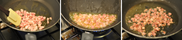 Per capire quando la pancetta è pronta dovrete vedere il grasso praticamente trasparente e la carne leggermente brunita. Non andate troppo in là con la cottura altrimenti i cubetti diventeranno troppo secchi. Per capire quando la pancetta è pronta dovrete vedere il grasso praticamente trasparente e la carne leggermente brunita. Non andate troppo in là con la cottura altrimenti i cubetti diventeranno troppo secchi.