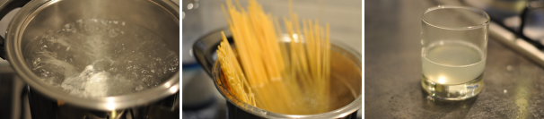 Quando l’acqua bolle salatela leggermente e fate cuocere la pasta secondo i tempi di cottura. Qualche minuti prima di scolarla, tenete da parte mezzo bicchiere di acqua di cottura.