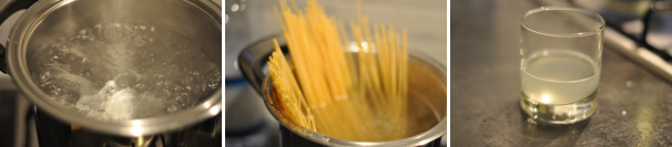 Quando l’acqua bolle salatela leggermente e fate cuocere la pasta secondo i tempi di cottura. Qualche minuti prima di scolarla, tenete da parte mezzo bicchiere di acqua di cottura. Quando l’acqua bolle salatela leggermente e fate cuocere la pasta secondo i tempi di cottura. Qualche minuti prima di scolarla, tenete da parte mezzo bicchiere di acqua di cottura.