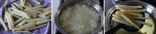 Trascorso il tempo di ammollo, prendete le patatine ed asciugatele accuratamente con un canovaccio pulito. In una padella dai bordi un po’ alti fate riscaldare l’olio di semi ed immergete le patatine un po’ alla volta. Fate friggere a fuoco medio per 5 minuti e scolatele ancora mezze crude.