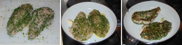 Una volta panati con le erbe i petti, cuoceteli in padella con un filo d’olio e lo spicchio d’aglio schiacciato e privato dell’anima. A fine cottura salate e servite il piatto ben caldo.