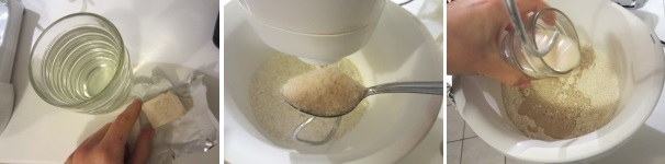 Sciogliete il lievito nell’acqua. Versate la farina in una planetaria, aggiungete il sale. Versate l’acqua con il lievito nella farina e fate girare alla velocità minima per 5 minuti.