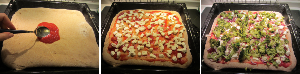 Versate la polpa di pomodoro sull’impasto e distribuitela uniformemente con un cucchiaio. Cospargete con la mozzarella tagliata a cubetti e mettete sopra i broccoli, le cipolle, l’aglio e alla fine i capperi. Infornate in forno preriscaldato a 220 °C per 20-25 minuti.