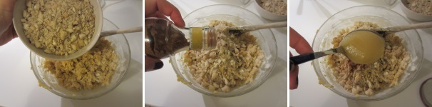 Tritate le noci grossolanamente e unitele all’impasto, tenendone da parte un cucchiaio per la decorazione finale. Aggiungete la cannella e il miele. Mescolate.