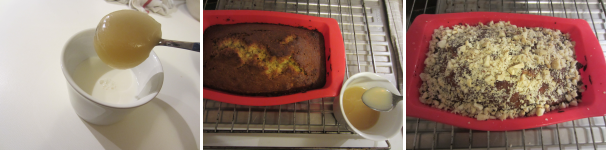 Scaldate il latte con il miele. Sfornate il plumcake, fatelo raffreddare leggermente e versate sopra la glassa di miele. Cospargete con le noci macadamia tritate.