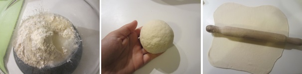 Mescolate l’acqua e la farina per ottenere una consistenza omogenea. Lavorate l’impasto a mano. Create una palla liscia. Stendete l’impasto con un matterello.