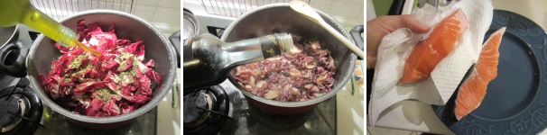 Lavate e tagliate il radicchio a strisce spesse circa un centimetro. Stufate con l’olio e il sale per 5 minuti, dopodiché aggiungete l’aceto balsamico, mescolate, coprite con il coperchio e cuocete ancora per 10 minuti. Lavate il salmone e asciugatelo con della carta alimentare.