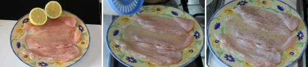 Disponete le fettine di pollo in un piatto grande ed irroratele con il succo di limone, lasciando macerare la carne. Aggiungete pepe nero e riponete in frigo per circa 10 minuti.