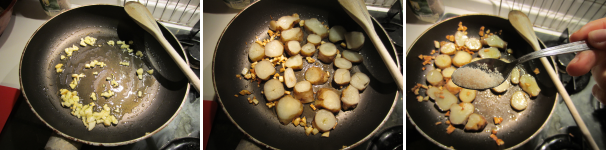 Sbucciate e tagliate l’aglio a piccoli cubetti. Soffriggeteli in una padella calda con dell’olio fino alla doratura desiderata. Aggiungete il topinambur e friggete a fuoco medio, qualche minuto su ogni lato. Alla fine della cottura salate.