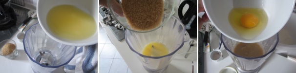 Sciogliete il burro a bagnomaria. Versatelo in un mixer. Aggiungete lo zucchero e frullate per ottenere una crema. Dopo aggiungete un uovo alla volta, mescolando poco tra l’uno e l’altro.