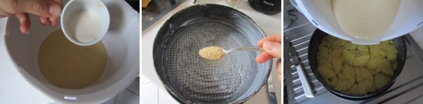 Sciogliete nel latte il lievito e versatelo nel composto liscio e spumoso. Mescolate delicatamente per incorporare bene il liquido e lasciate a riposo per circa 20 minuti. Imburrate una tortiera apribile e cospargete con lo zucchero di canna. Disponete in fondo le fette di ananas, coprendo tutta la superficie. Versate sopra l’impasto. Infornate in forno preriscaldato a 180 °C per circa 35-40 minuti. Fate raffreddare bene il dolce prima di aprire la tortiera, mettete sopra un piatto e rovesciatelo in modo che le fette di ananas poste sul fondo siano la parte superiore della torta.