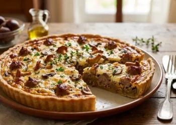 Fetta tagliata di torta salata di castagne e salsiccia senza glutine su piatto da portata
