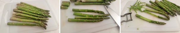 Prendete gli asparagi, lavateli con cura e tagliate le estremità dure e fibrose. Con l’aiuto di un pelapatate, spelate la superficie del fusto degli asparagi.