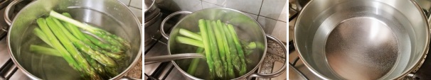 In una pentola portate a ebollizione dell’acqua abbondantemente salata, immergete gli asparagi per intero e lasciate cuocere per qualche minuto circa. Scolate gli asparagi con una schiumarola e metteteli da parte. Nel frattempo mettete sul fuoco un’altra pentola con dell’acqua.