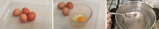 Preparate le uova, rompetele in un bicchiere o in un piccolo contenitore evitando che rimangano tracce di guscio, attenzione anche a non rompere il tuorlo. Aggiungete all’acqua un cucchiaio di aceto di vino bianco.