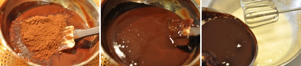 Ora, al cioccolato fuso, aggiungete il cacao amaro e mescolate. Lasciate raffreddare 5 minuti poi unite la crema alle uova montate con lo zucchero.
 