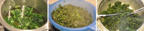Mettete a lessare gli spinaci in acqua salata, poi scolateli e schiacciateli bene per far perdere più acqua possibile alle foglie. Con l’aiuto di due coltelli tritateli finemente.