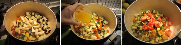 Dopo 3 minuti aggiungete la melanzana. Coprite. Dopo altri 3 minuti versate il resto del brodo. Mescolate e cuocete altri 5 minuti. Alla fine aggiungete i pomodori.
 