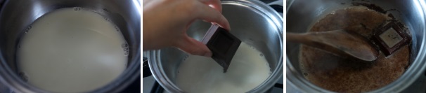 In un pentolino mettete il latte freddo, il cioccolato e fate sciogliere a fuoco basso.