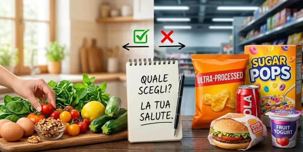 Confronto visivo tra una tavola con verdure fresche e uova e una tavola con cibi ultra-processati come hamburger, bibite gassate e snack confezionati.