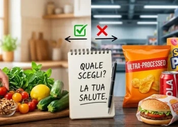Confronto visivo tra una tavola con verdure fresche e uova e una tavola con cibi ultra-processati come hamburger, bibite gassate e snack confezionati.