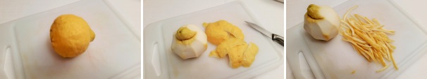Prendete il limone, lavatelo accuratamente e tagliate la scorza, cercando di evitare il più possibile la parte bianca, più amara. Riducete la scorza del limone in filetti sottili.