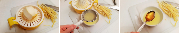 Spremete il limone e filtrate il succo con un colino a maglia fine. Aggiungete un cucchiaio di miele al succo di limone e fatelo sciogliere.