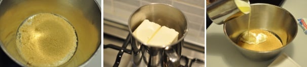 Accendete il forno a 160 °C e portatelo a temperatura. Mettete a fondere la margarina e nel frattempo mettete lo zucchero di canna e il sale in una ciotola capiente. Quando la margarina è fusa unitela allo zucchero.
 