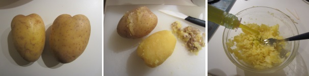 Lavate le patate e mettetele a cuocere al vapore per circa 20 minuti. Fatele raffreddare e sbucciatele, dopodiché schiacciatele con una forchetta grossolanamente. Aggiungete un cucchiaino di olio.