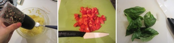 Aggiungete il pepe e del sale se necessario. Lavate e tagliate i pomodorini a piccoli cubetti. Lavate ed asciugate le foglie di basilico.
