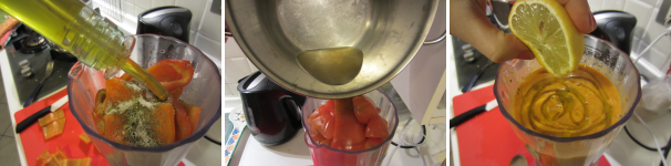 Condite con l’olio. Sbucciate e tagliate l’aglio a cubetti. Buttatelo nell’acqua di cottura dei peperoni e cuocete per qualche minuto, dopodichè fate raffreddare bene. Aggiungete l’acqua con l’aglio ai peperoni. Frullate fino ad ottenere una vellutata liscia ed omogenea. Condite con l’olio e il limone. Servite la crema ben calda.