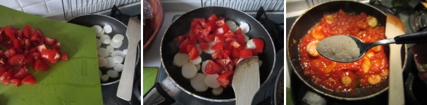 Aggiungete i pomodori al daikon. Mescolate, aggiungendo poca acqua calda se necessario. Stufate a fuoco lento per circa 15 minuti. Qualche minuto prima della fine della cottura aggiungete il sale. Servite caldo oppure freddo.