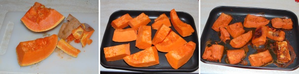 Pulite la zucca dai semi e dalla buccia e ponete i pezzi grandi su di una teglia, quindi salatela leggermente ed inseritela in forno caldo a 250 °C per una trentina di minuti. Trascorso questo tempo tiratela fuori e salatela leggermente, quindi rimettetela in forno ancora per una mezz’ora a 220 °C. Passata la mezz’ora abbassate il forno a 150 °C e fate cuocere per almeno 2 ore, facendo però attenzione a non bruciarla.