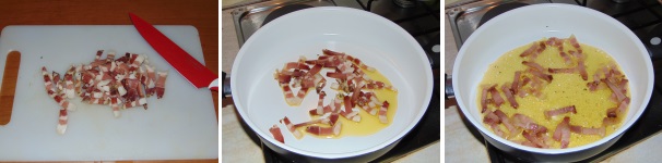 Tagliate il bacon a strisce non troppo sottili e rosolatelo con un filo di olio in un capiente tegame, fino a che non sarà ben dorato e croccante.