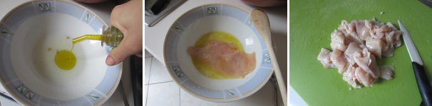 In una ciotola unite l’olio, il limone e un pizzico di sale. Aggiungete le fette di pollo, massaggiate la carne e lasciate insaporire per 10 minuti. Tagliate il pollo a pezzettini non troppo piccoli.
 