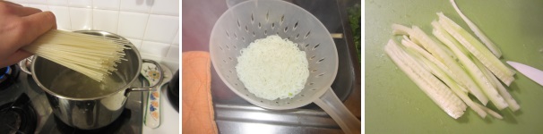 Mettete i vermicelli in acqua bollente, salata e cuocete circa 9 minuti. Scolate i vermicelli e passateli sotto l’acqua fredda. Sbucciate il cetriolo, tagliatelo in quattro e privatelo della polpa interna. Tagliatelo a bastoncini.