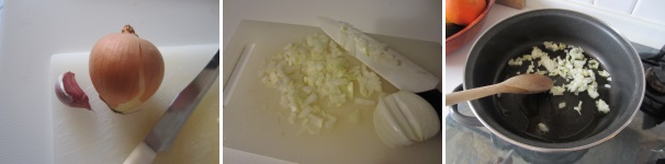 Sbucciate la cipolla e l’aglio. Tagliate entrambi finemente, dopodiché soffriggeteli in una padella con poco olio e a fuoco basso. Aggiungete poca acqua e stufate fin quando la cipolla non diventa molto morbida.