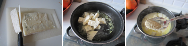 Togliete la buccia del gorgonzola e tagliatelo a cubetti. Aggiungetelo al trito di aglio e cipolla e mescolate fino al completo scioglimento, sempre a fuoco basso. Aggiungete il pepe bianco e spegnete il fuoco.